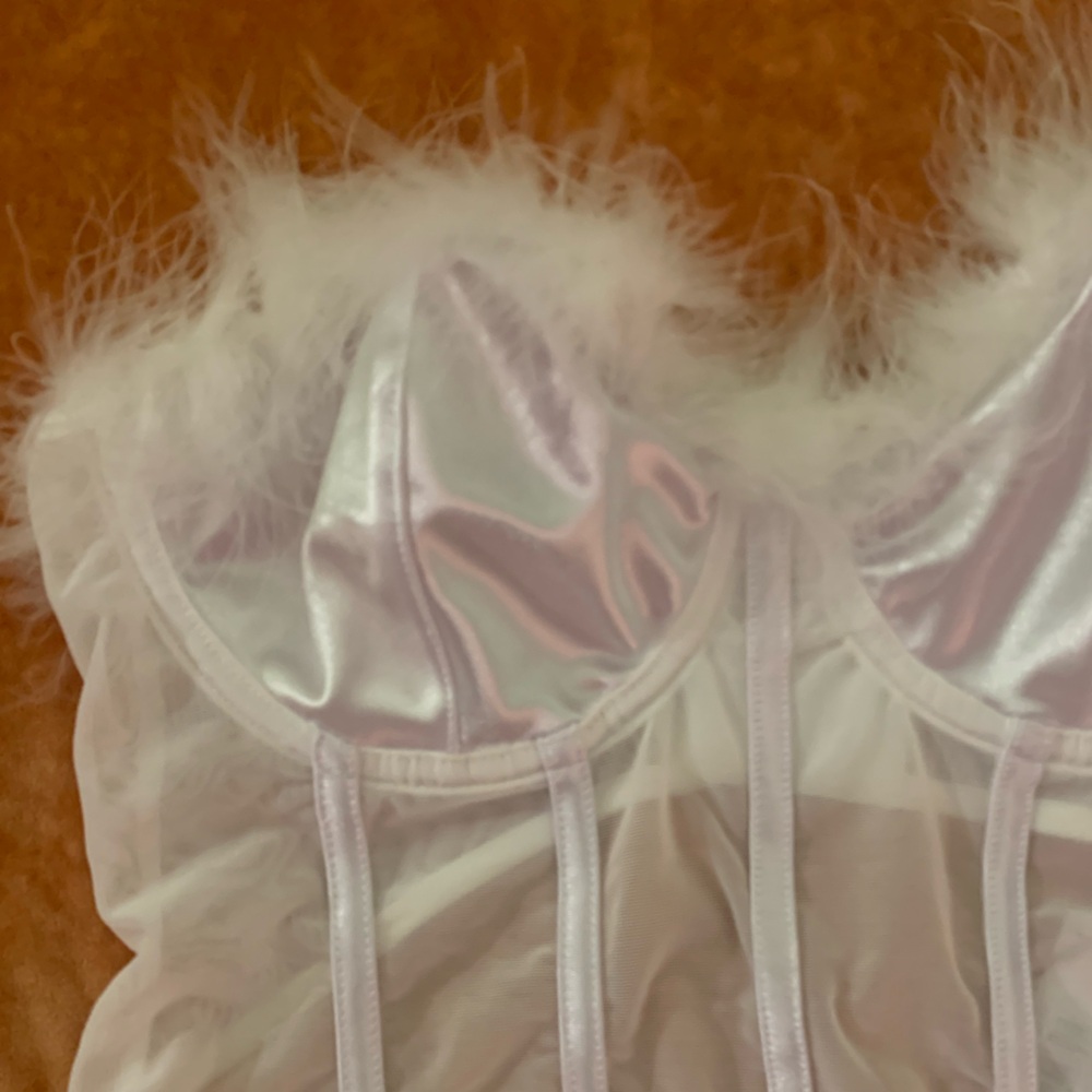 Premium Feather Trim Satin Corset Bodysuit Sz L - Picture 12 of 16
